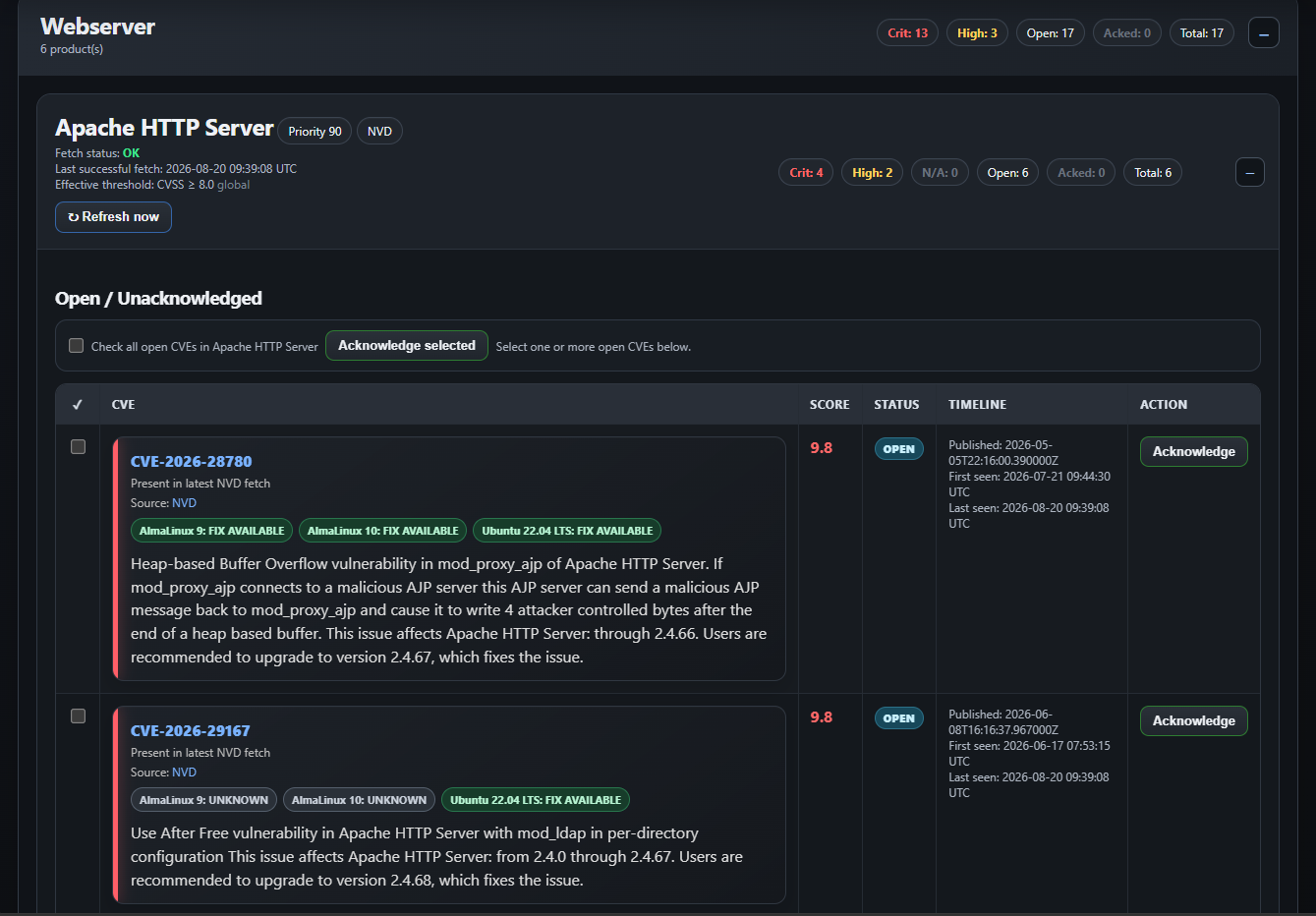 Vendor patch availability shown on CVE cards